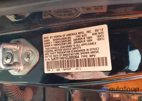 2012 Honda Crosstour Ex-L from USA, damaged, VIN 5J6TF1H51CL005304